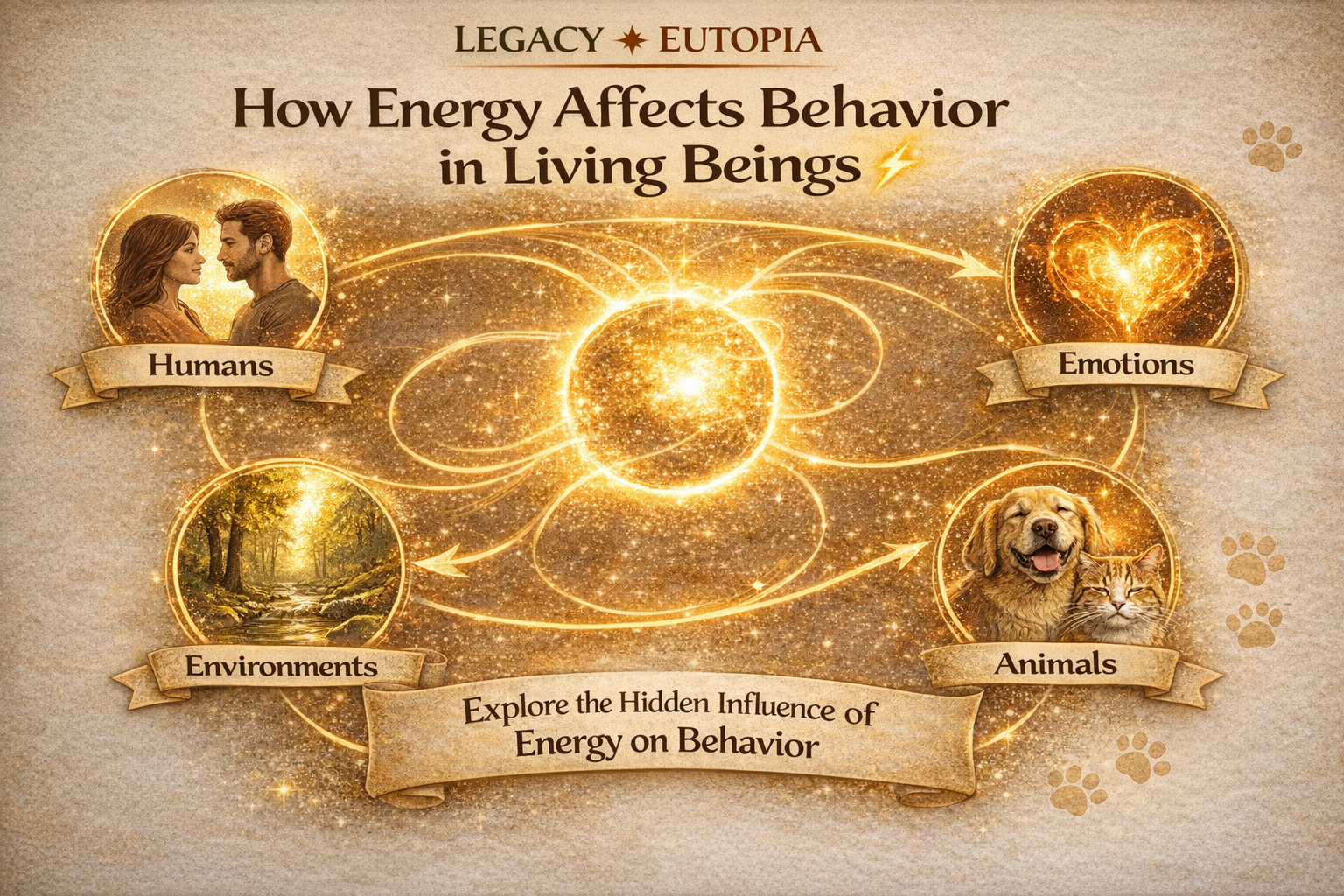 spirit animals infographic showing how energy affects behavior in living beings including humans, emotions, environment, and animals connected by energy flow