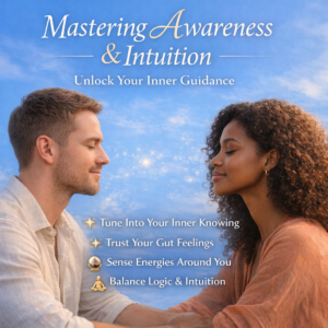 White man and African American woman with eyes closed facing each other against a sky blue background representing awareness and intuition connection