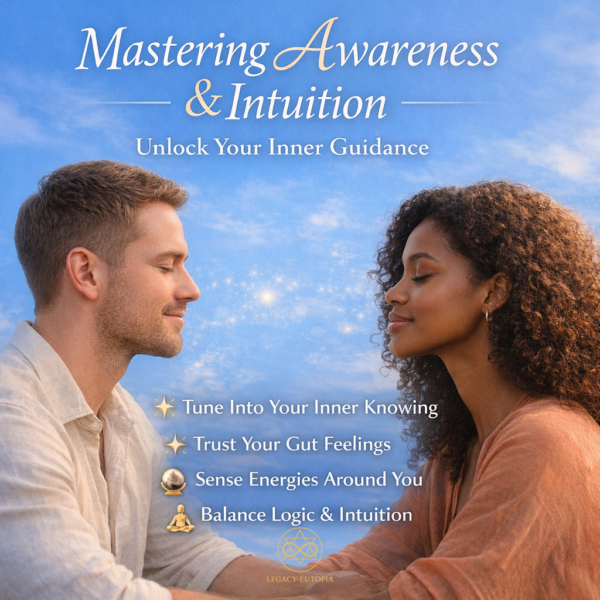 White man and African American woman with eyes closed facing each other against a sky blue background representing awareness and intuition connection