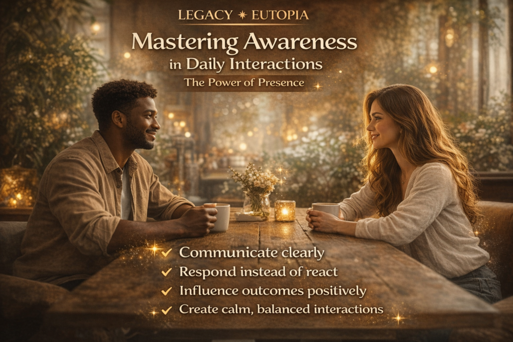 Man and woman having a calm conversation in a café illustrating mastering awareness in daily interactions and mindful communication
