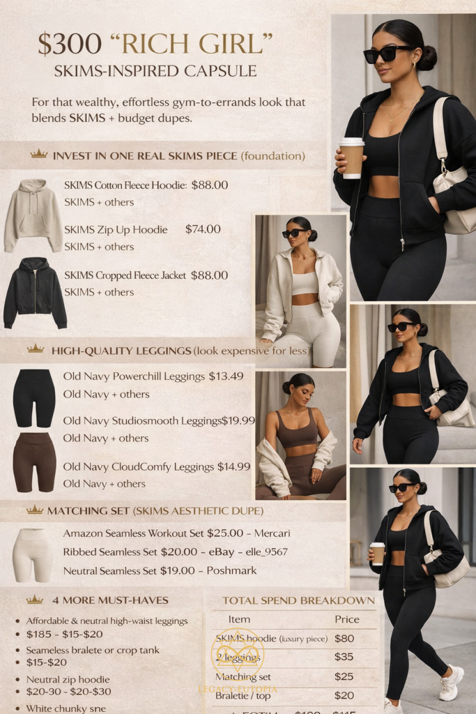 $300 rich girl SKIMS-inspired capsule wardrobe with neutral athleisure outfits in black, beige, and brown for gym, errands, and everyday luxury style