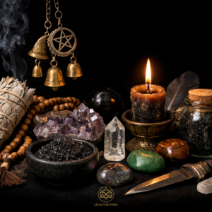 Using a Protective Elemental for Energy Safety Spiritual tools and ritual supplies including sage, black salt, crystals, candle, and witch bells on a dark background