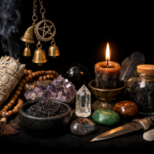 Using a Protective Elemental for Energy Safety Spiritual tools and ritual supplies including sage, black salt, crystals, candle, and witch bells on a dark background
