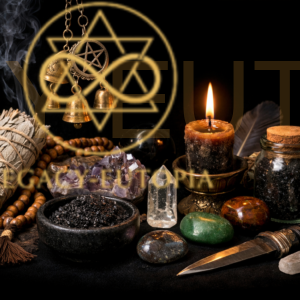 Using a Protective Elemental for Energy Safety Spiritual tools and ritual supplies including sage, black salt, crystals, candle, and witch bells on a dark background