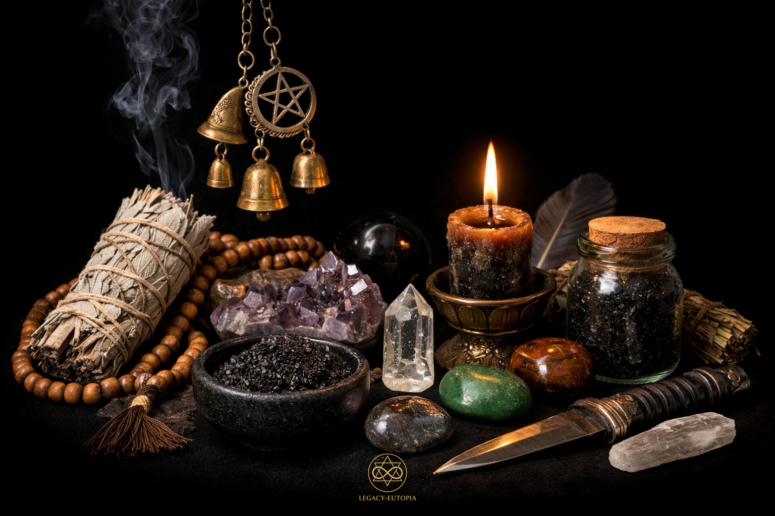 Using a Protective Elemental for Energy Safety Spiritual tools and ritual supplies including sage, black salt, crystals, candle, and witch bells on a dark background