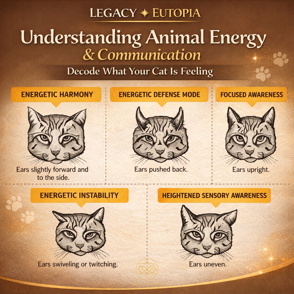 Cat ear positions chart showing emotions like happy, angry, alert, nervous, and listening to explain animal energy and communication