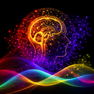 awakening self alignment, Glowing human brain with colorful neural energy and dark purple aura on a black background