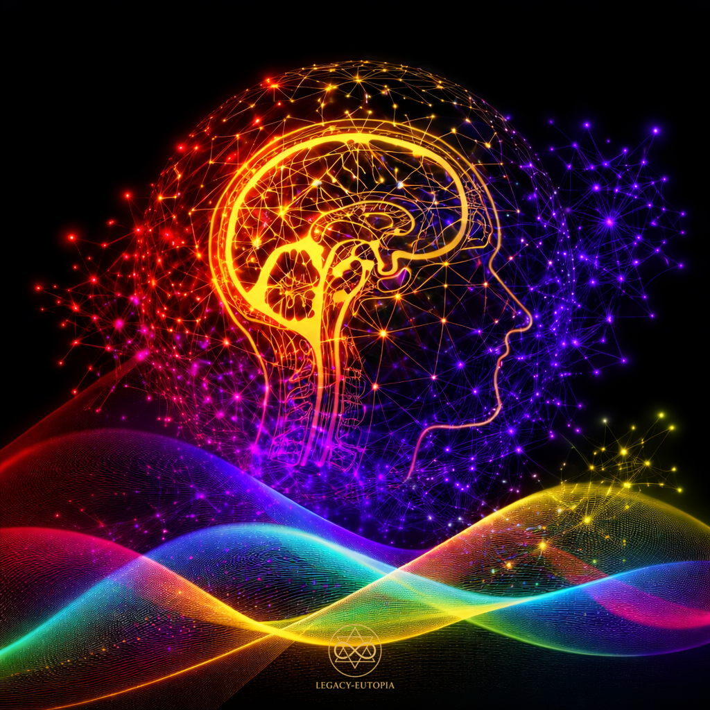 Glowing human brain with colorful neural energy and dark purple aura on a black background