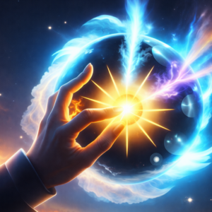 Person controlling a glowing energy sphere with hands on a black background. Awakening