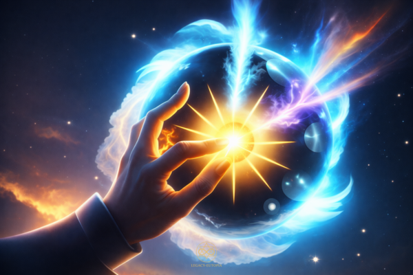 Person controlling a glowing energy sphere with hands on a black background. Awakening