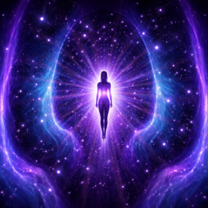 awakening, spiritual growth Human figure expanding into cosmic light and stars on a black background