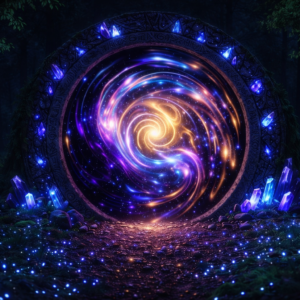 Mystical glowing portal in a dark forest with cosmic energy and illuminated ground. Golden spiritual portal with radiant energy figure representing awakening and inner power.