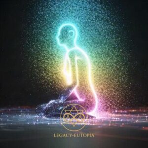 Glowing human energy body with chakra colors meditating on a black background