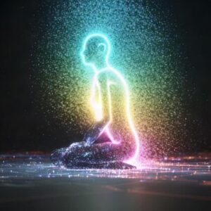 Glowing human energy body with chakra colors meditating on a black background