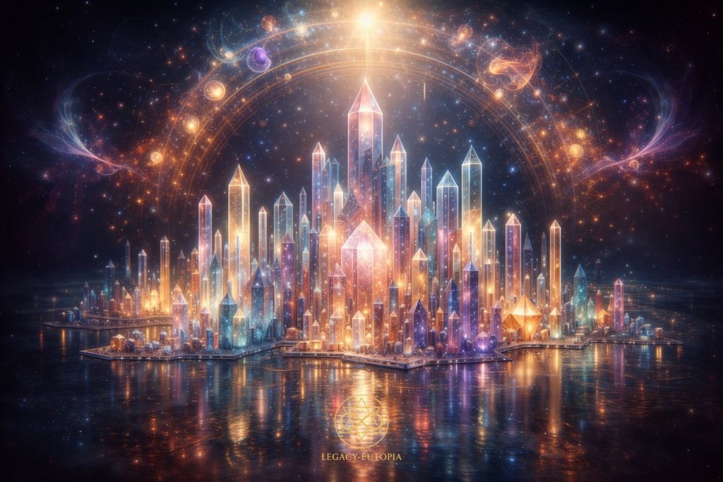 Luminous crystal city with glowing towers and cosmic energy on a dark background