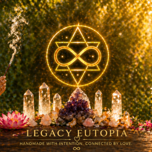 Woman with incense and dog beside glowing spiritual symbol and crystals in bright golden garden setting