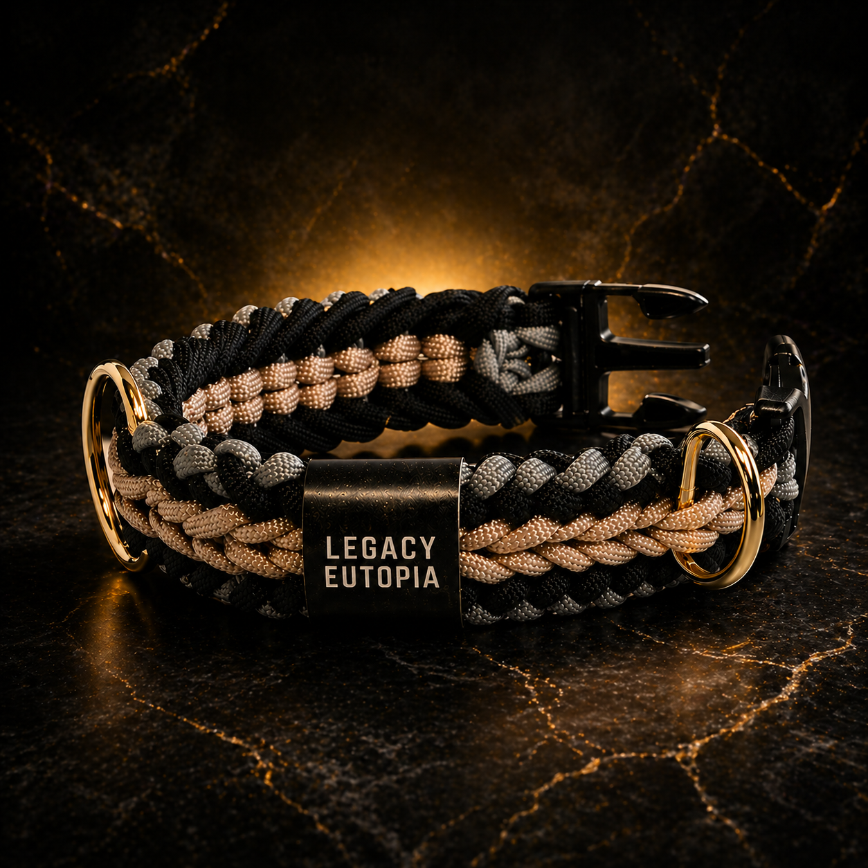 Handmade braided dog collar by Legacy Eutopia on dark luxury background with gold accents