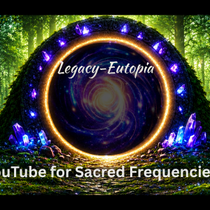 Vibrant mystical portal in an enchanted forest featuring a glowing cosmic vortex with purple, blue, and golden swirls. Large elegant golden text reads "Legacy-Eutopia" across the portal. Below is the call to action: "Join us on YouTube for Sacred Frequencies & Guidance". Surrounded by dark green trees, glowing crystals, and sparkling lights on the ground. Spiritual awakening theme.
