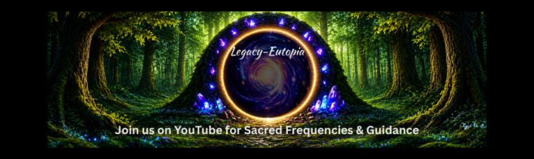 Vibrant mystical portal in an enchanted forest featuring a glowing cosmic vortex with purple, blue, and golden swirls. Large elegant golden text reads "Legacy-Eutopia" across the portal. Below is the call to action: "Join us on YouTube for Sacred Frequencies & Guidance". Surrounded by dark green trees, glowing crystals, and sparkling lights on the ground. Spiritual awakening theme.