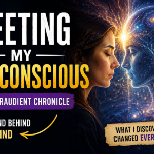 Woman face-to-face with a cosmic representation of her subconscious mind surrounded by stars, consciousness symbols, and spiritual energy in a Clairaudient Chronicle thumbnail.
