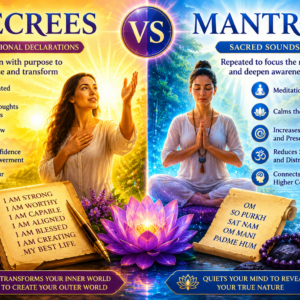 Decrees vs mantras comparison showing spiritual declarations and meditation practices