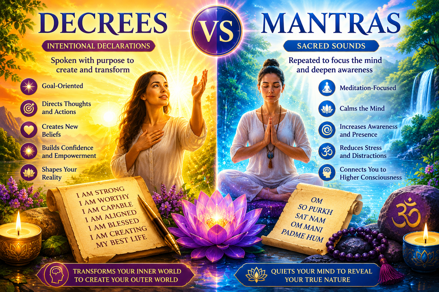 Decrees vs mantras comparison showing spiritual declarations and meditation practices