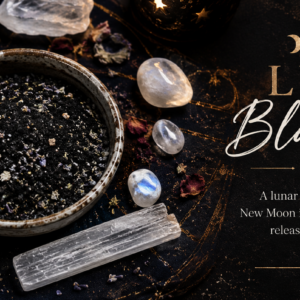 Lunar black salt surrounded by moonstone, selenite, herbs, candles, and moon phase symbols used in spiritual rituals.