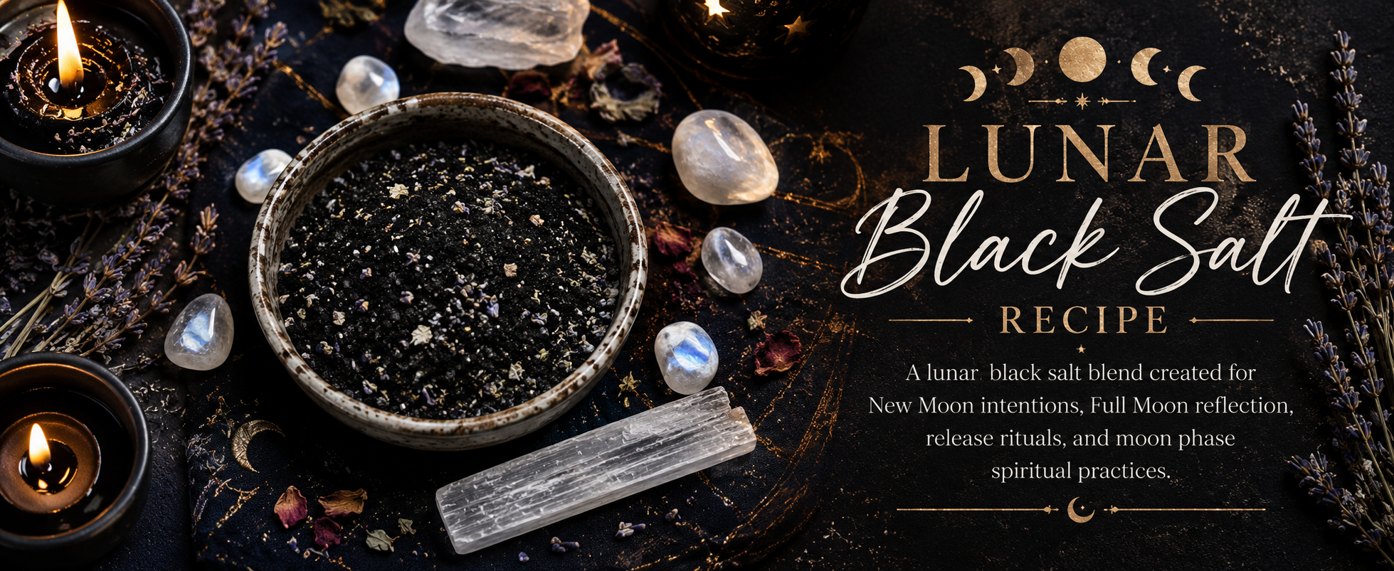 Lunar black salt surrounded by moonstone, selenite, herbs, candles, and moon phase symbols used in spiritual rituals.