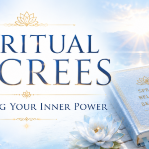 Spiritual Decrees Unlocking Your Inner Power banner featuring light blue spiritual imagery, sacred declarations, and personal transformation