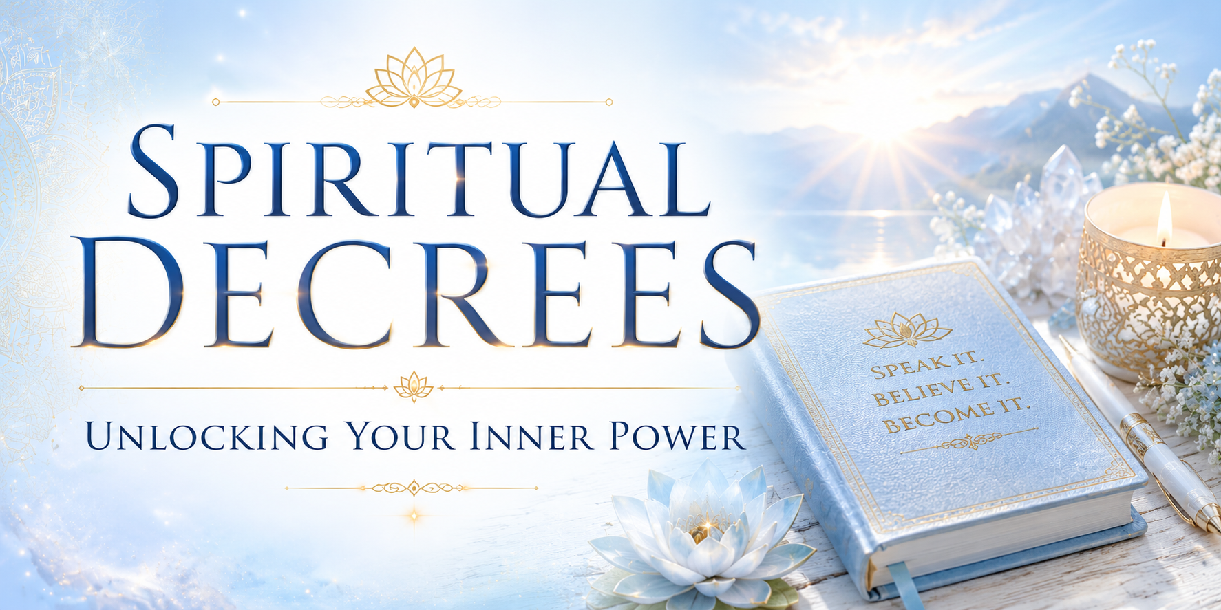 Spiritual Decrees Unlocking Your Inner Power banner featuring light blue spiritual imagery, sacred declarations, and personal transformation