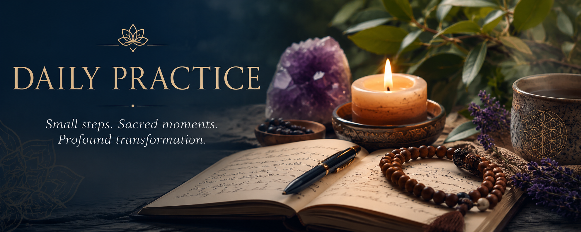 Daily spiritual practice journal with candle, prayer beads, crystals, and meditation tools for spiritual growth