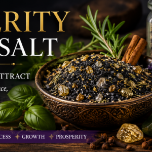 Prosperity black salt with citrine, pyrite, rosemary, cinnamon, and abundance ritual tools.
