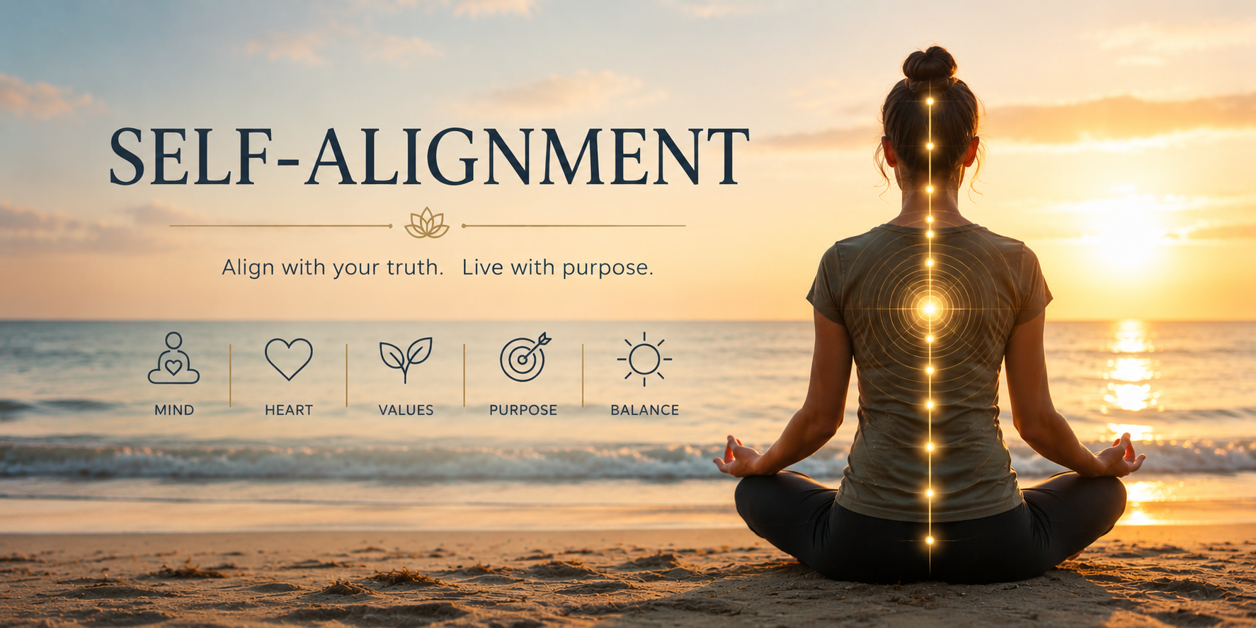 Person meditating on a beach at sunrise symbolizing self-alignment, inner balance, awareness, and personal growth.