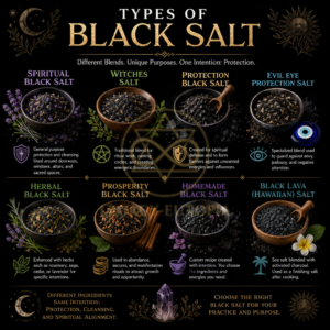 Types of Black Salt including spiritual black salt, witches salt, protection salt, herbal black salt, prosperity black salt, and black lava salt.