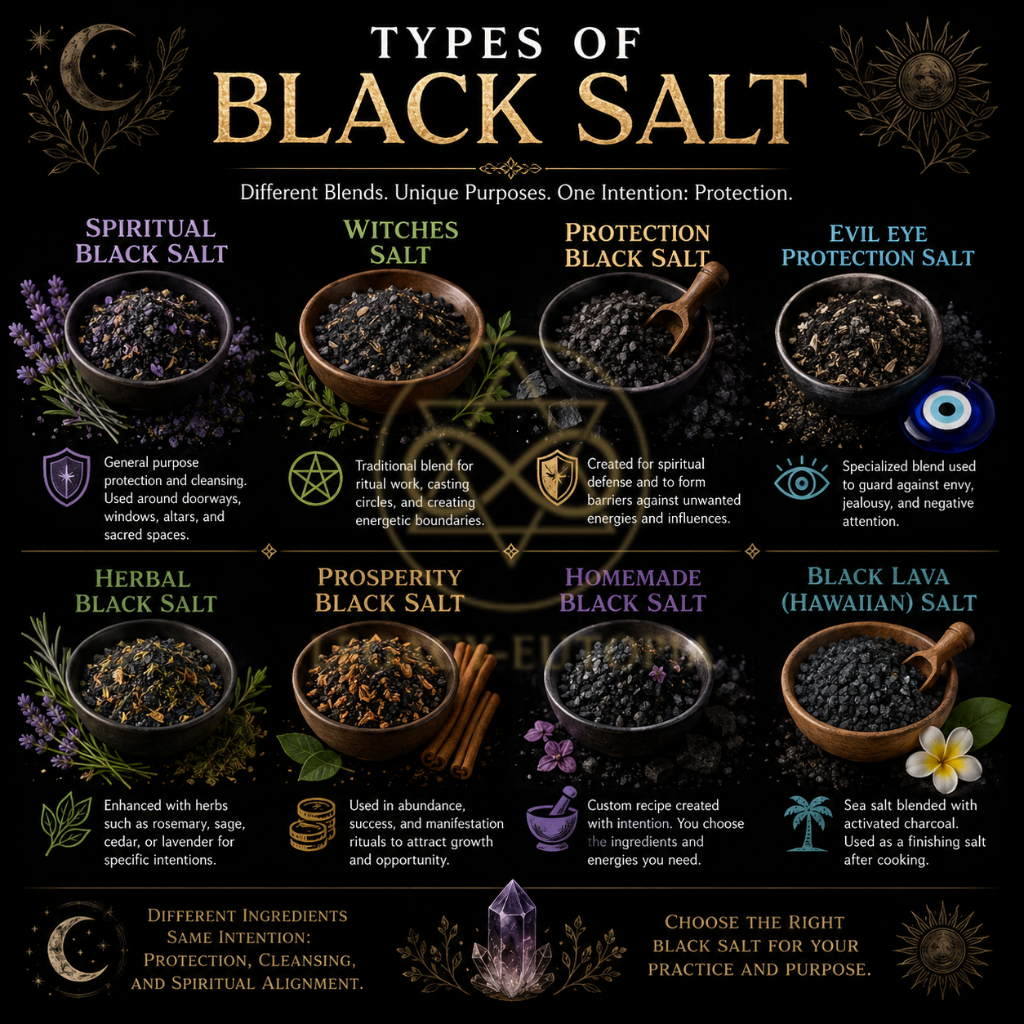 Types of Black Salt including spiritual black salt, witches salt, protection salt, herbal black salt, prosperity black salt, and black lava salt.